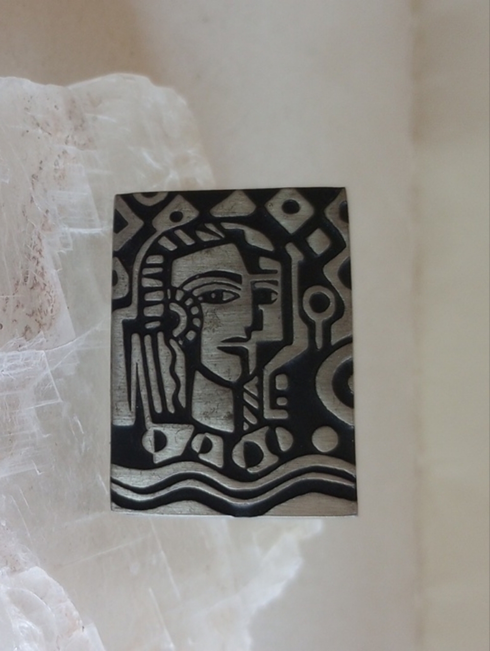 Modernist designer Pin Pewter Black enamel Woman Man Signed.
